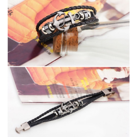 Unisex Leather Anchor Bracelet - Picture 3 of 4